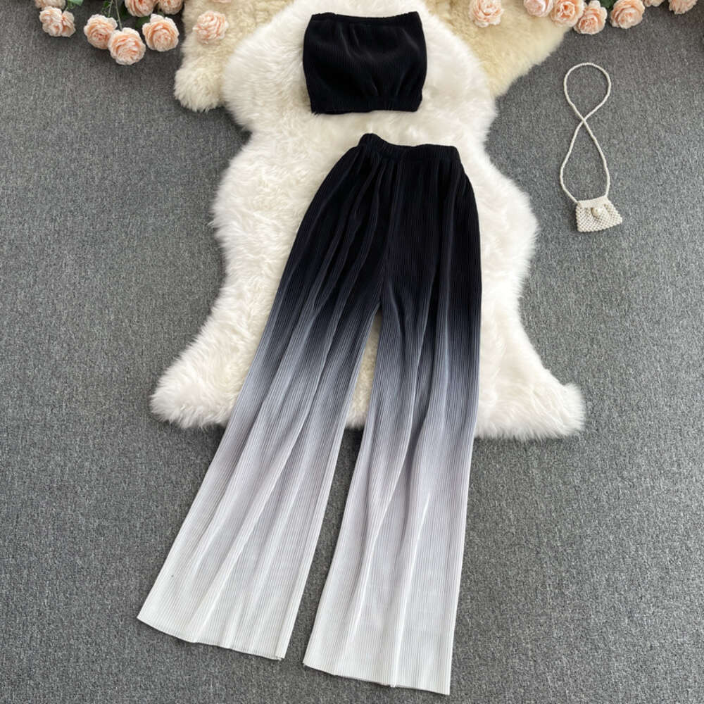 Internet Celebrity Explosive Street Set, Womens Summer New Sexy Strapless Top, Versatile Gradient Color Wide Leg Pants, Fashionable Two-piece Set