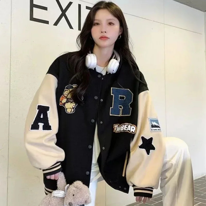 Hip Hop Varsity Bomber Y2k Jacket Women Spring Baseball Jackets Streetwear Baseball Coat Casual High Quality Patchwork Outwear 240808