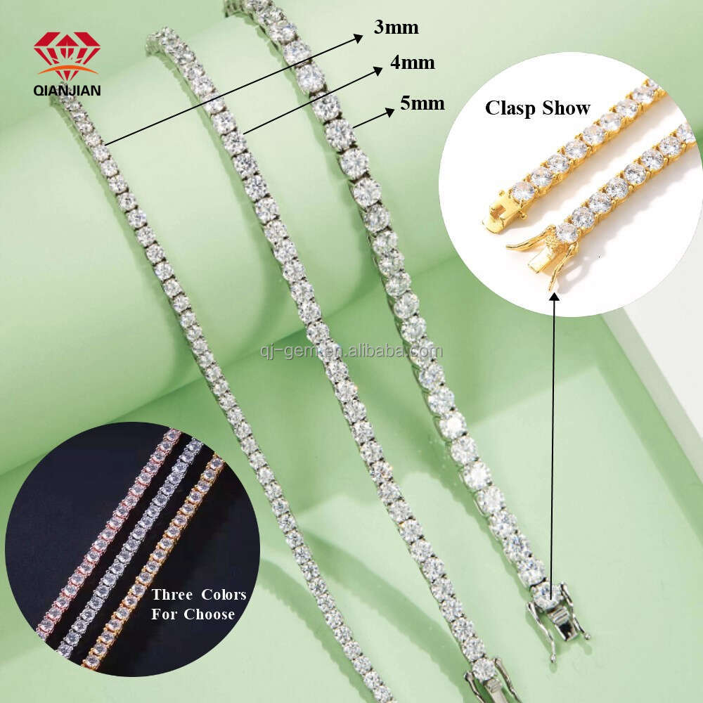 3-5Mm Round Brilliant Cut Mosanite Chain White Gold Plated Sterling Sier VVS Moissanite Tennis Link Necklace