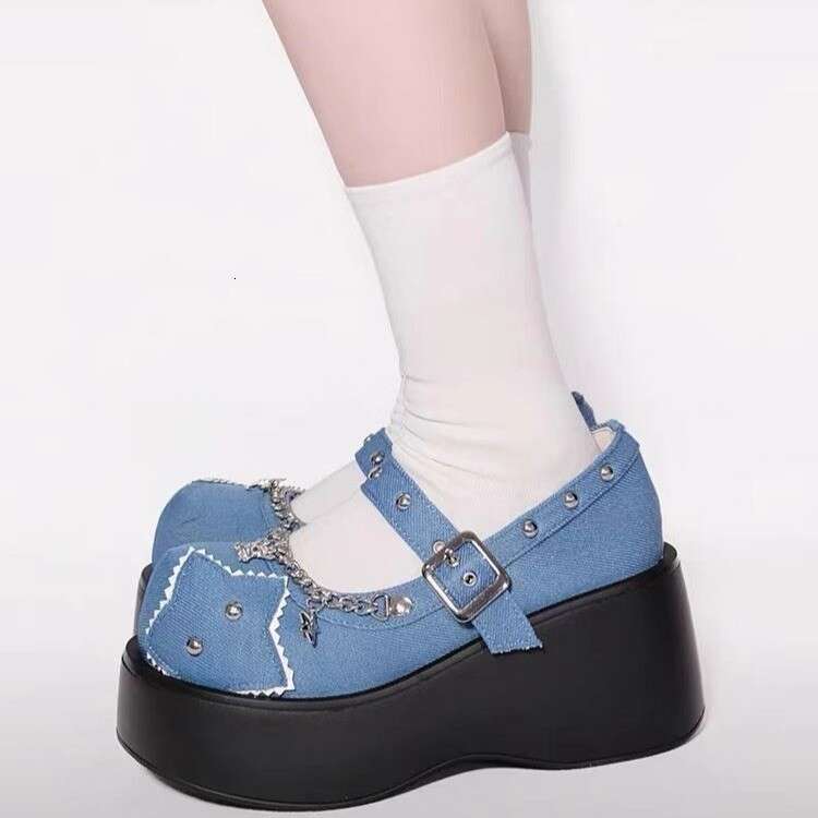 2024 Denim Thick Bottom Single Shoe with One Button Round Head Punk Subculture Sponge Cake Casual Height Boosting Shoes