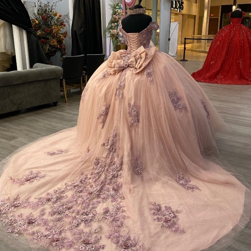 Pink Shiny Sweetheart Ball Gown Quinceanera Dress Tulle Appliques Beads Flowers Bow Off Shoulder Sweet 15 16 Birthday Party Form
