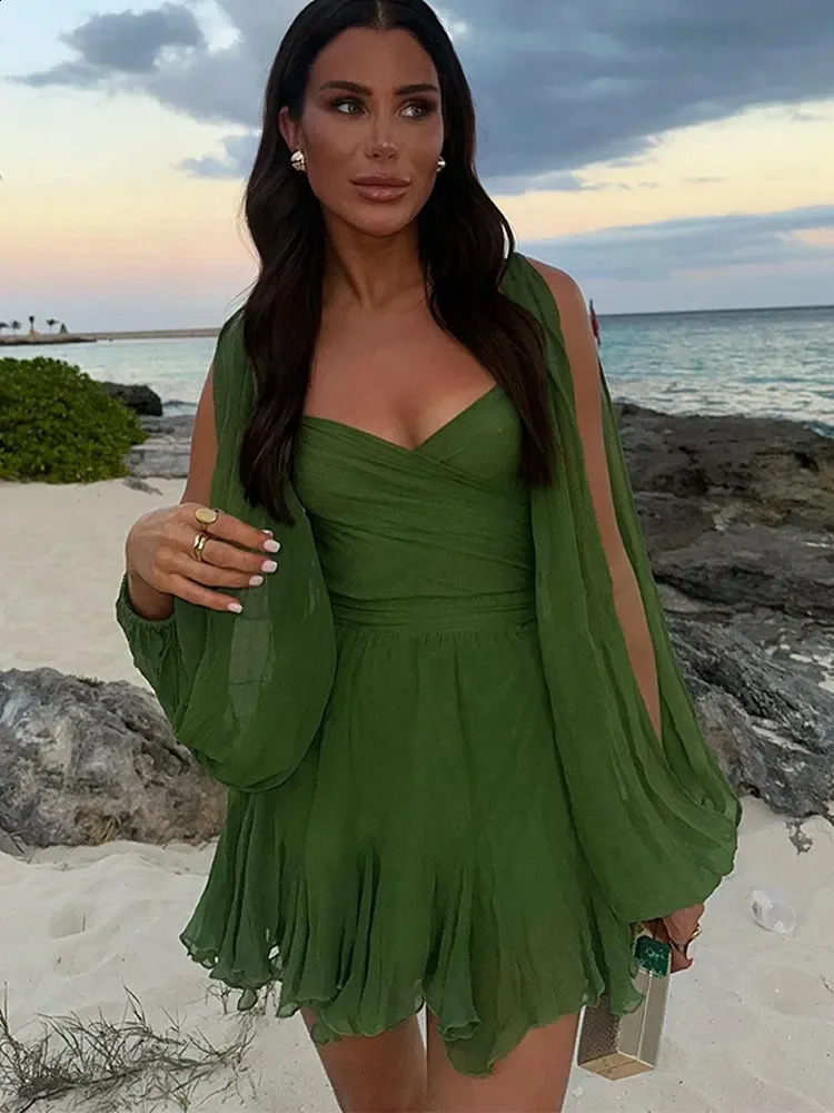 Sexy Green Pleated Mini Dress For Women Elegant V-neck Split Long Sleeve A-line Dresses Summer Lady Solid Backless Lace Up Robes 240724