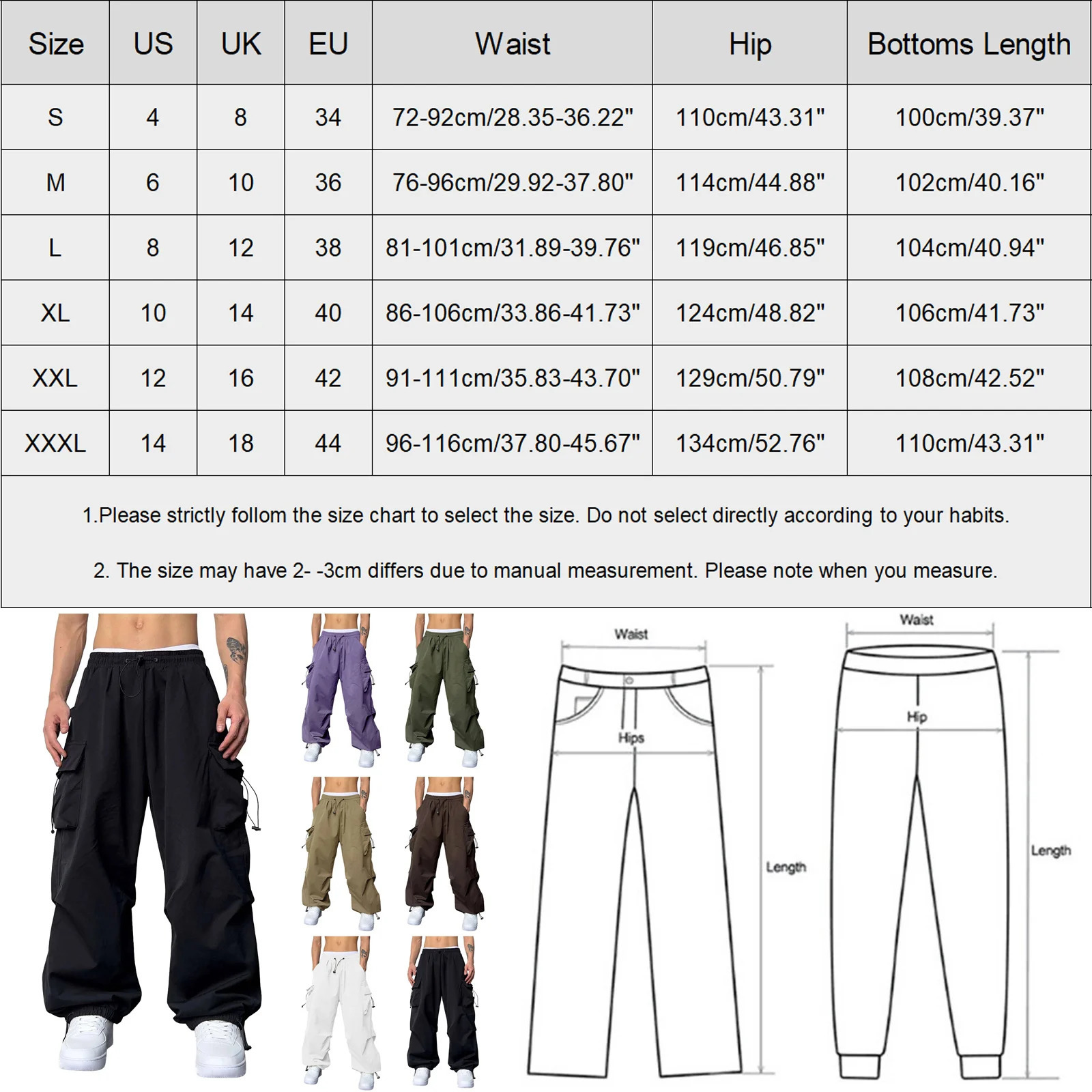 Streetwear cargo pants mens oversized wide leg Trouser hiphop elastic waist solid with multiple pockets loose pocket 240812