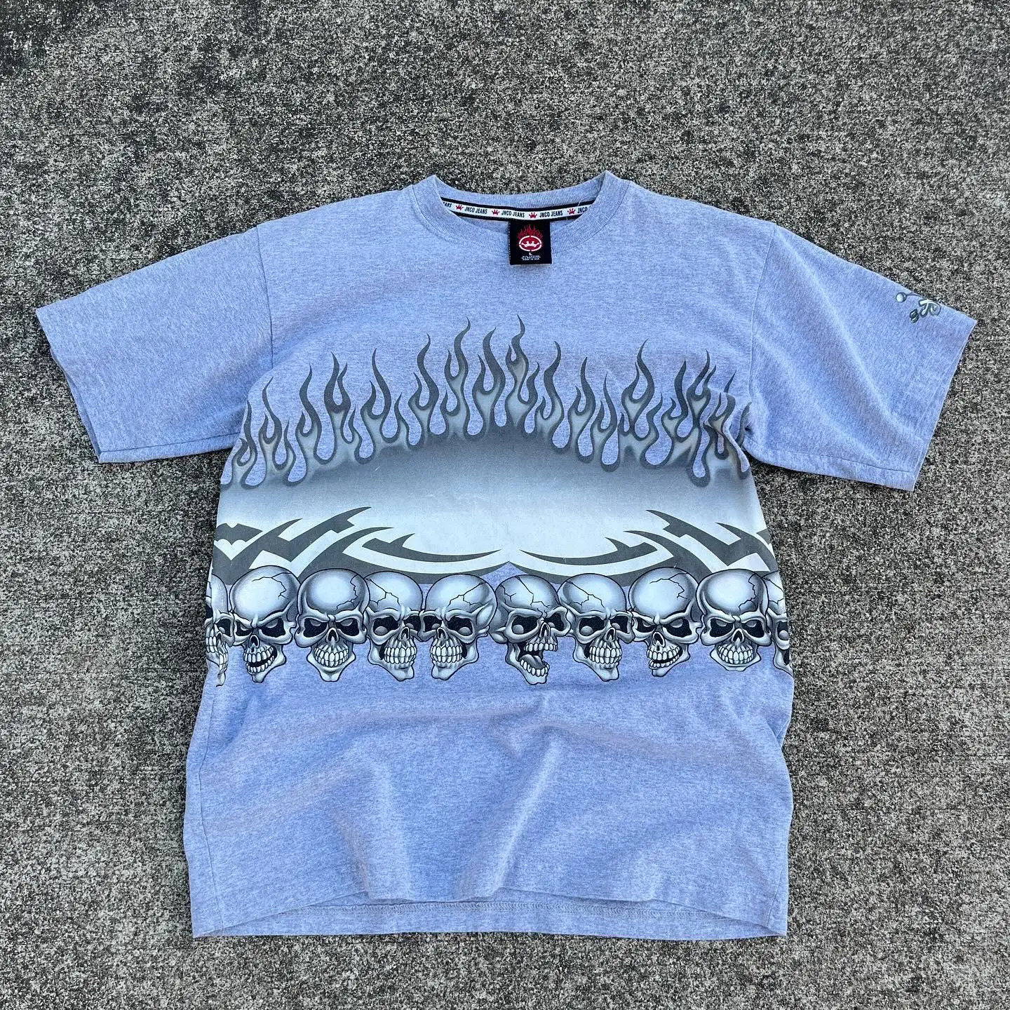JNCO Gothic Men Loose Flame Skull Print T-shirts Y2k Harajuku Cotton O Neck Short Sleeve Oversized Top Retro American Streetwear 240723