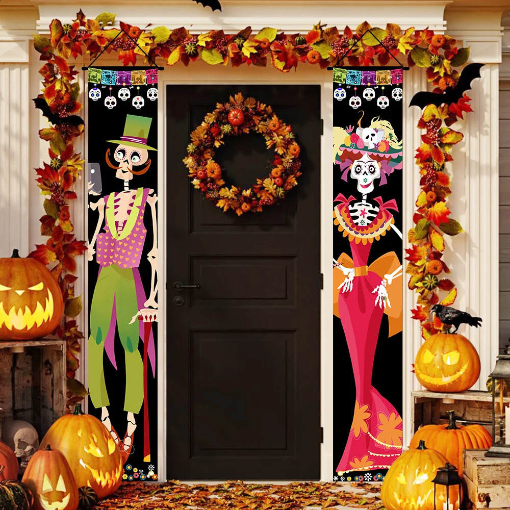 Mexican Day Of The Dead Party Porch Sign Halloween Hanging Door Curtain Banner Hanging Porch Sign Home Welcome Signs Party Decor 240724