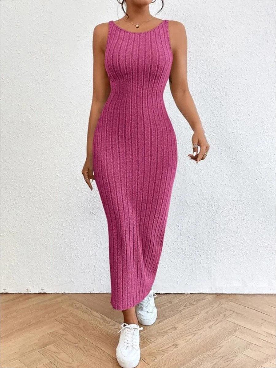 wsevypo Backless Knit Bodycon Long Dress Womens Summer Sleeveless O Neck Tank Dress Street Vacation Beach Casual Sundress 240723