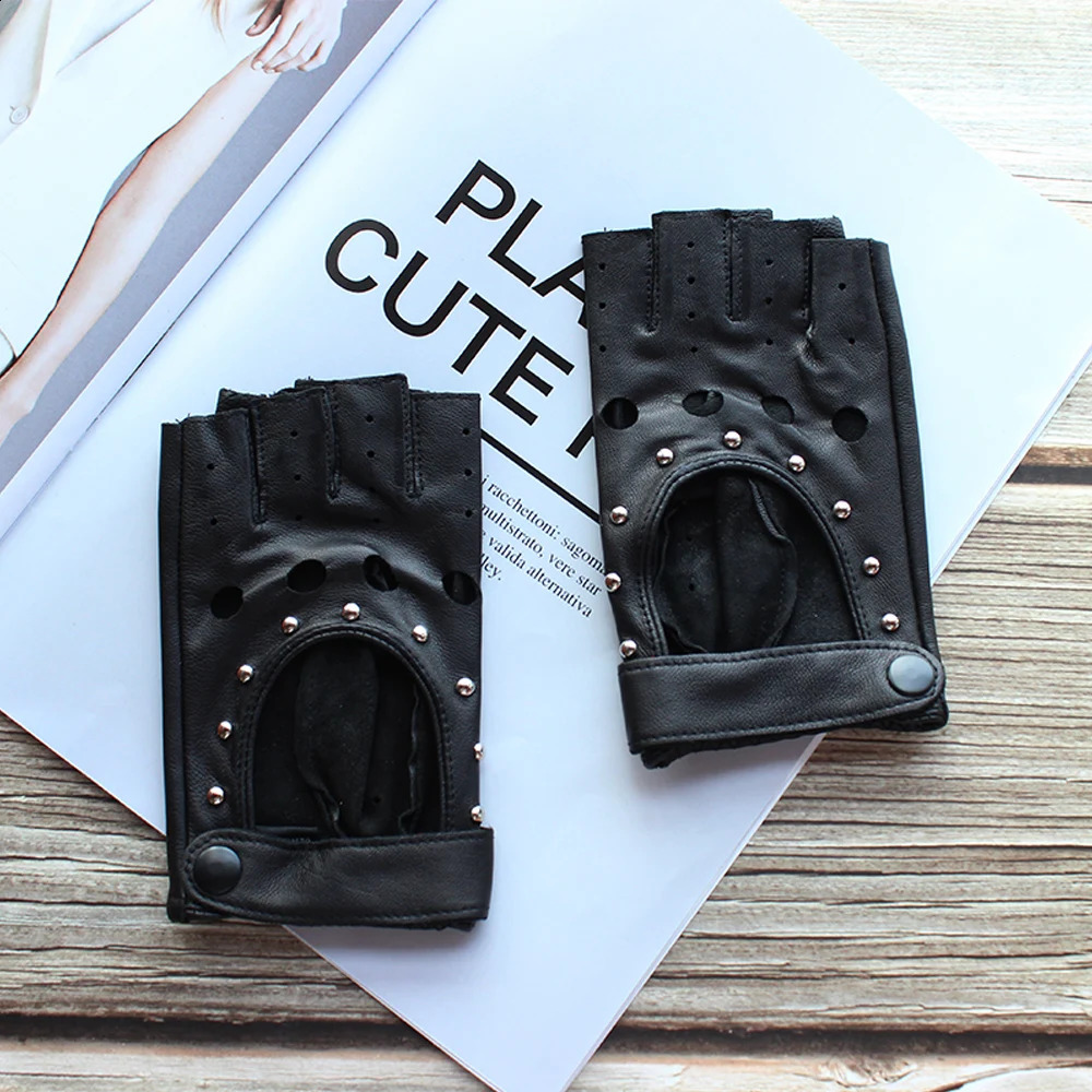 Half Finger Women Leather Gloves Spring And Summer Thin Goatskin Mittens Hollow Short Sports Riding Driver Colour Gloves 240713