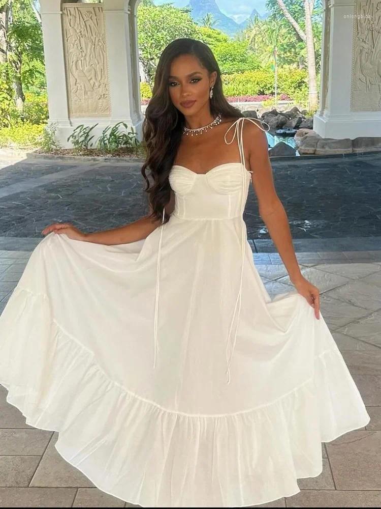 Casual Dresses Sexy Strap A-line Dress Women Elastic High Waist Ruffle Hem Sleeveless Backless Long White Summer Tube Top Robe