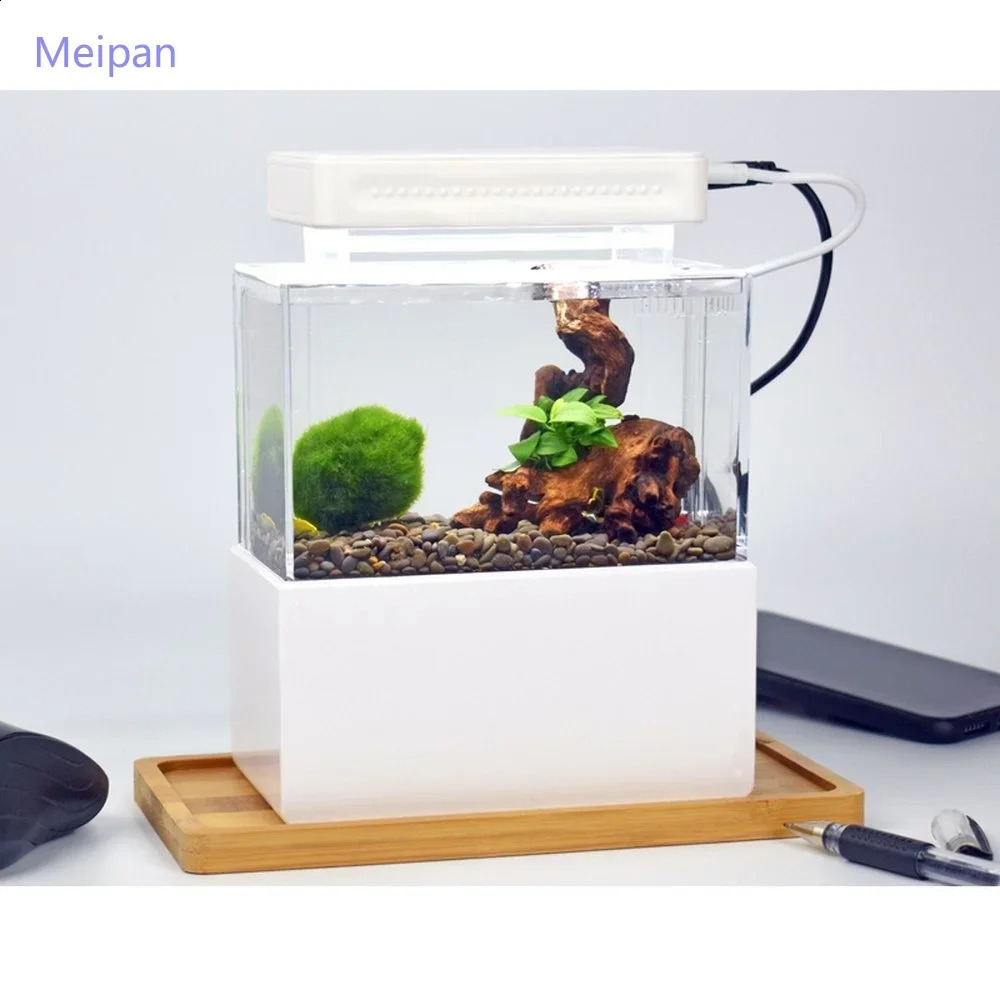 Portable Mini Betta Fish Tank Aquarium Desktop Decorations Marine Aquaponic Fishes Bowl With Water Fliter USB Air Pump LED Light 240723