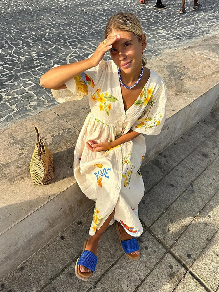 Fashion Print Cotton Linen Maxi Dress Women Casual Short Sleeves V-neck Loose Vestidos 2024 Female Chic High Streetwear 240723
