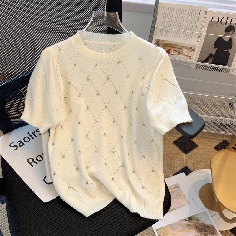 Summer Sweater Womens Knitted Pullover Loose O-Neck Short Sleeve Diamond Sweater Western Style Versatile Backing Pullover Tops 240723