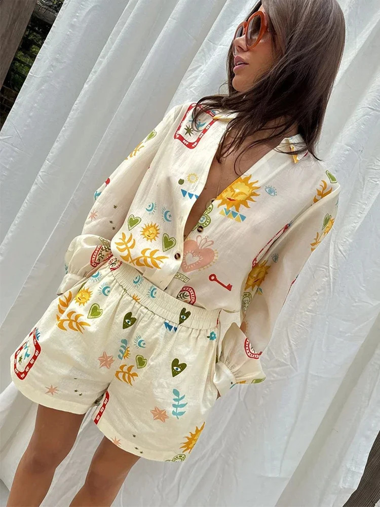 Causal Loose Lapel Buttons Long Sleeved Shirt Set Fashion Prined Elastic Waist Pockes Shorts Pants Suit Lady Vacation Outfit 240723