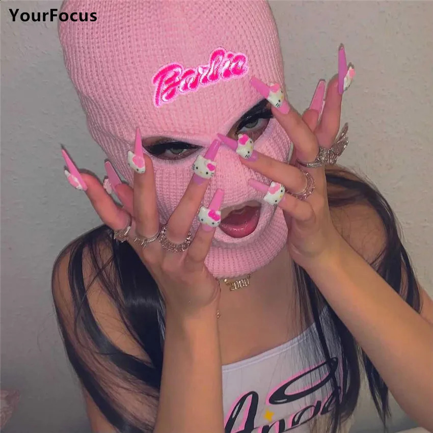 3 Holes Winter Balaclava Ski Mask Harajuku Y2k Pink Bunny Cat Hat Kawaii Full Face Mask Knitted Ski Snowboard Cap Hip Hop Beanie 240719