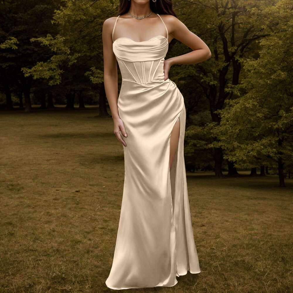 Spaghetti Strap Satin Corset for Prom Dresses Vestidos Fishbone Push Up Elegant Women Bodycon Party Long Dress