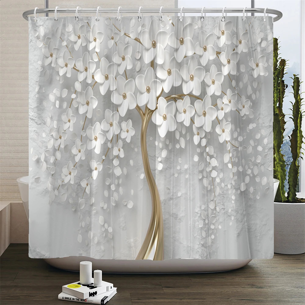 Elegant Bouquet of Fantastic White Flowers 3D Style Shower Curtain Bathroom Curtain with Bath Rug Carpet Set Floral Home Decor 240723