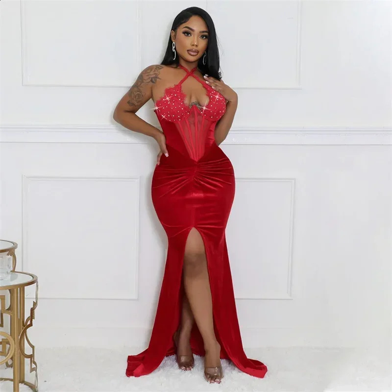 Halter lace up womens lace rhinestone fishbone mesh ultra-thin elegant long velvet party dress front split sexy long skirt with gloves 240812