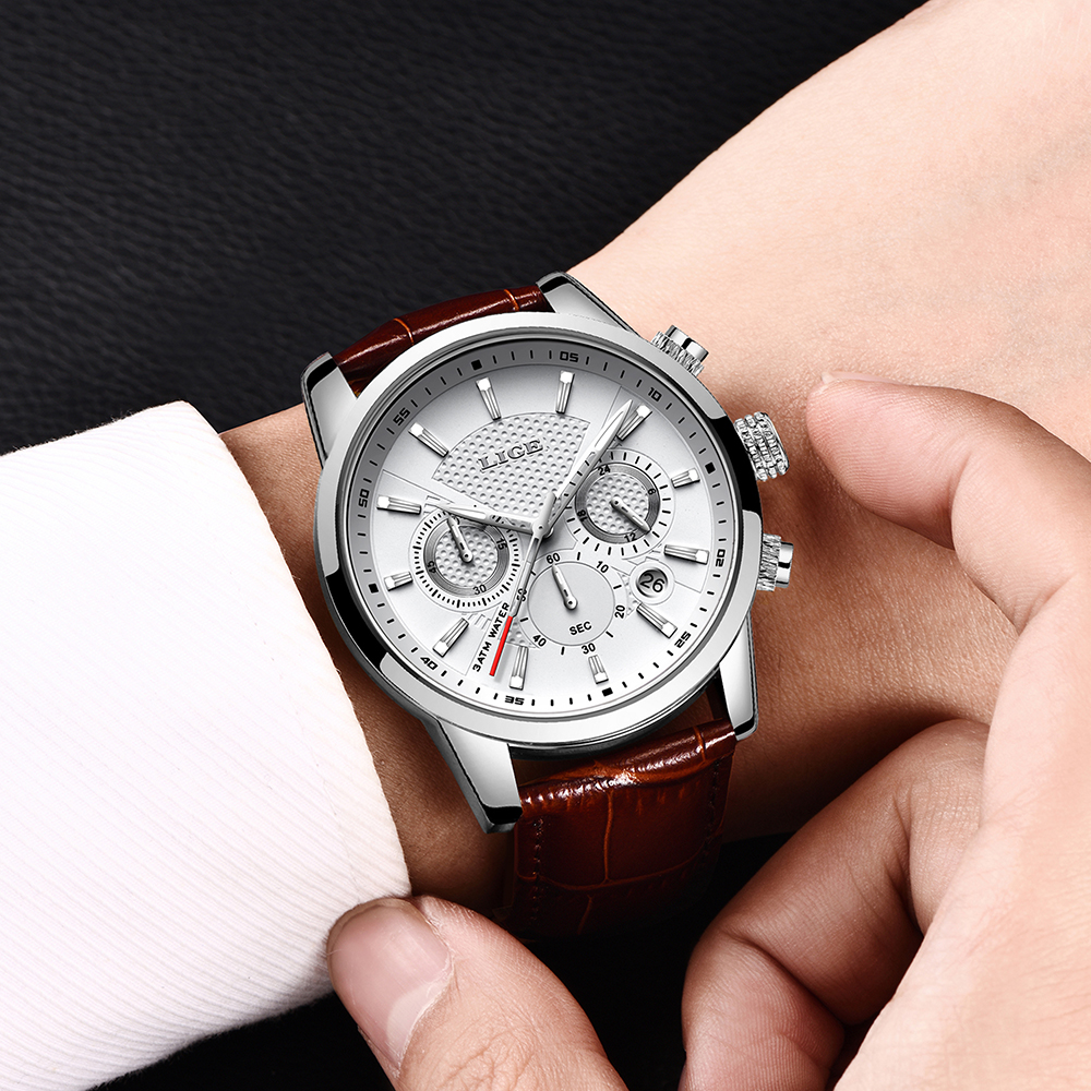 LIGE Fashion Mens Watches LIGE Top Brand Leather Chronograph Waterproof Sport Auto Date Quartz WristWatch For Men Quarzuhr