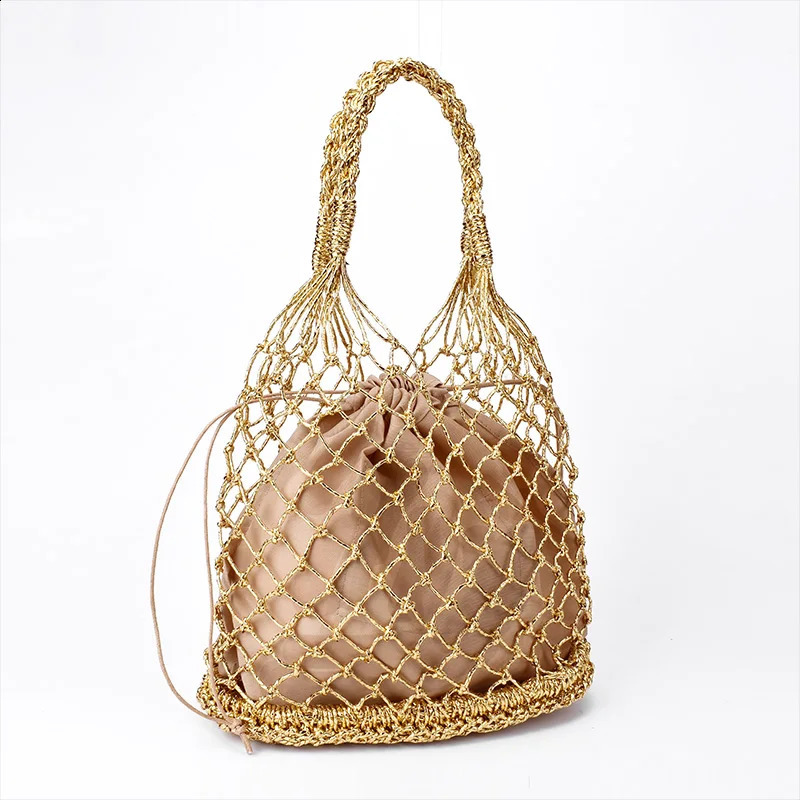 Gold silver 2 color bright paper ropes hollow woven handbag cotton lining straw bag female Reticulate handbag netted beach bag 240724