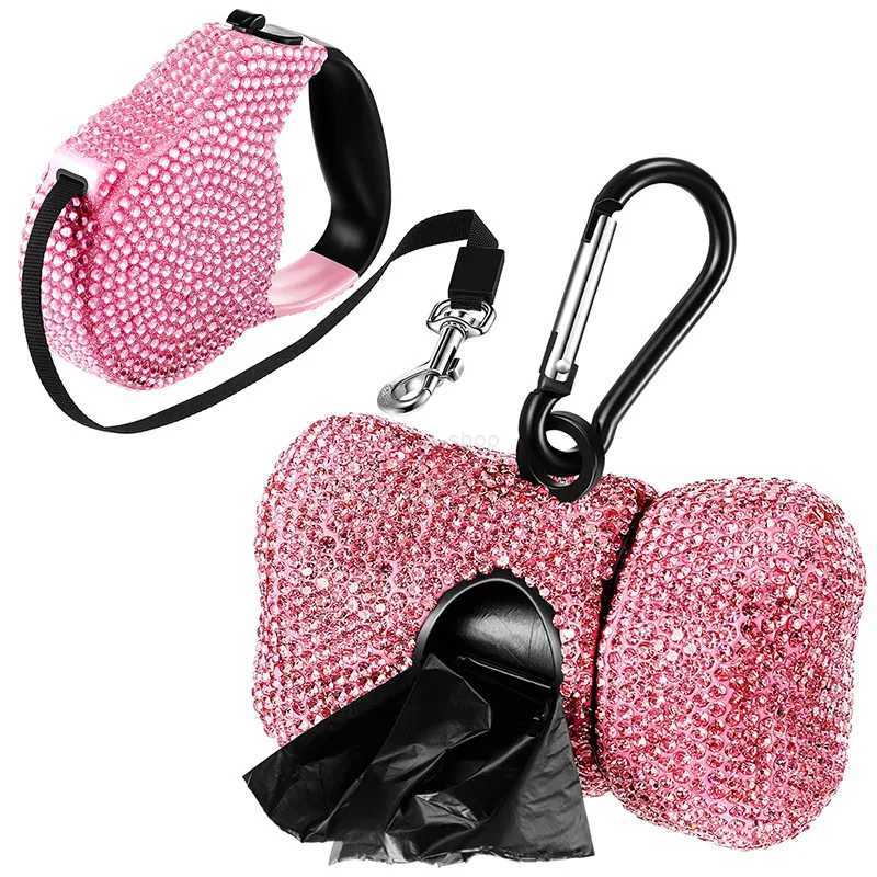 Rhinestone Pet Traction Rope Dog Garbage Bag Dispenser Bone Shaped Portable Pet Cleaning Supplies Retractable Dog Walking RopeL240725
