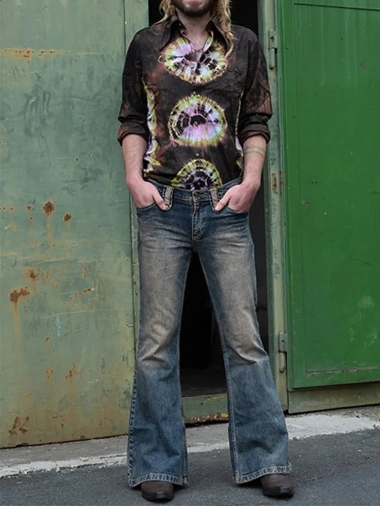 Punk Stlye Men Flared Baggy Jeans Bootcut Leg Distressed Patchwork Denim Pants Bell Bottom Trousers Fall Winter 240725