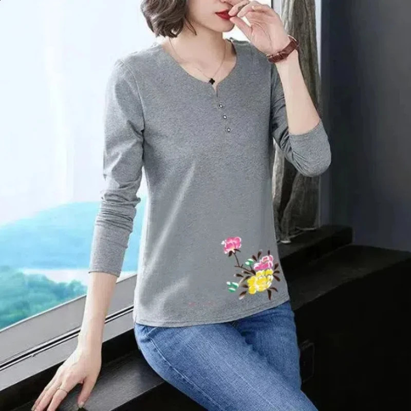 Womens Clothing Spring Autumn Plant Flowers Printing Pullover Geometric Round Neck Long Sleeve T-shirt Flattering Korean Tops 240806