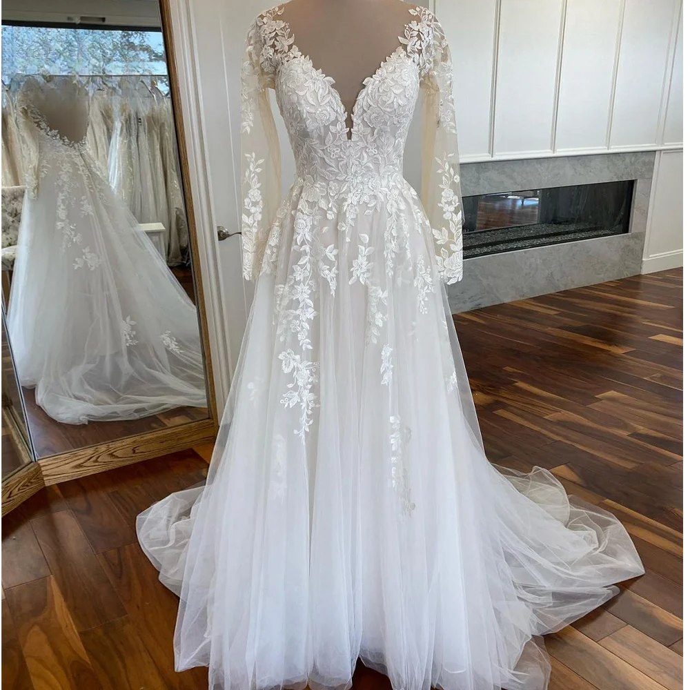 Fashion Wedding Dresses New Vestido De Noiva Long Sleeves Chapel Train Gelik Dubai Bridal Engagement Robe Mariee