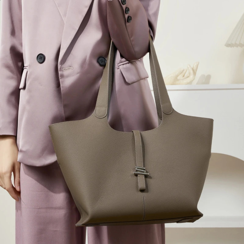 Burminsa Cowhide leather tote bag for women trend ner shopping cart commuting A4 womens handbag gray black 240820