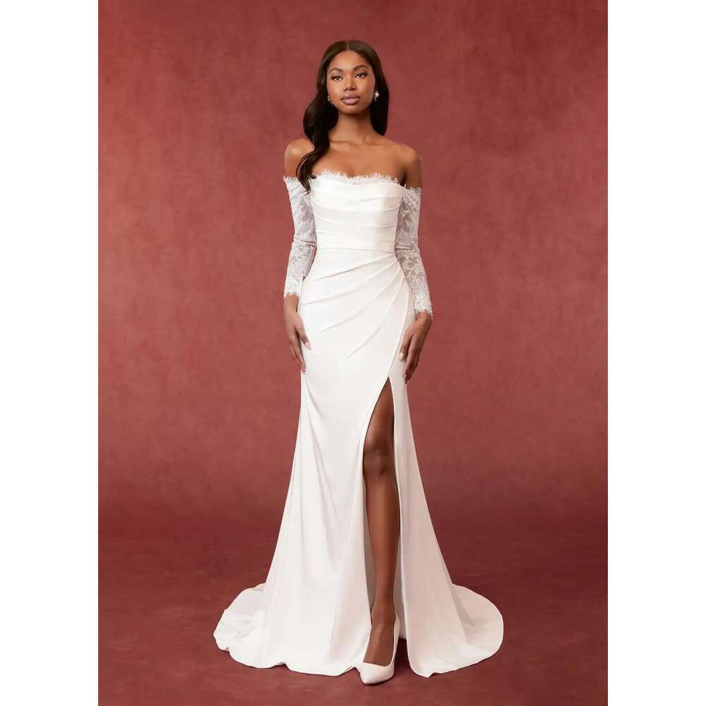 Off Modern The Shoulder Long Sleeves Lace Sheat Wedding Dresses Side Slit Sweep Train Custom Made Vestido De Noival