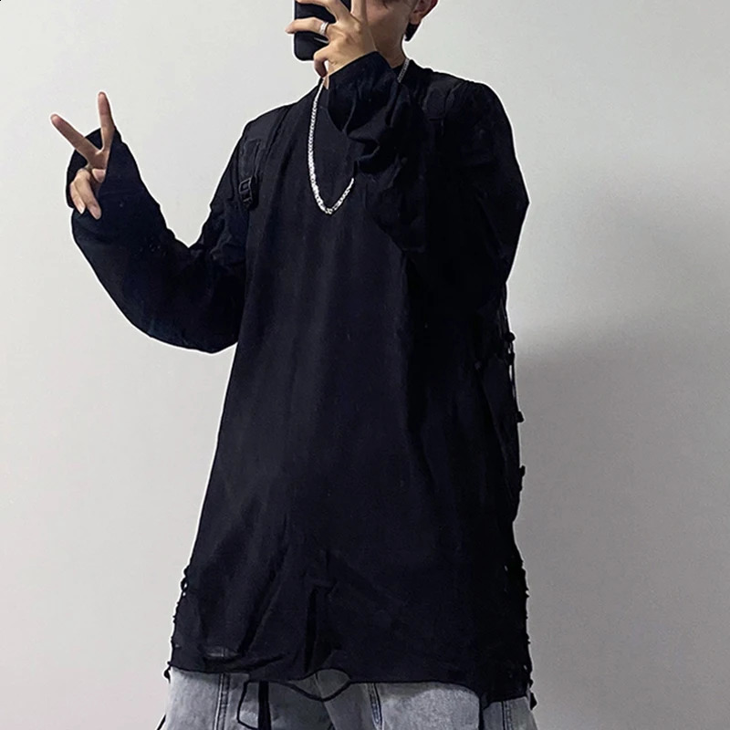 Hem Ripped Hole Long Sleeve Men Tshirt White Black Fashion Autumn Clothes Hip Hop 2xl 3xl Oversized Punk Vintage Streetwear Tops 240812