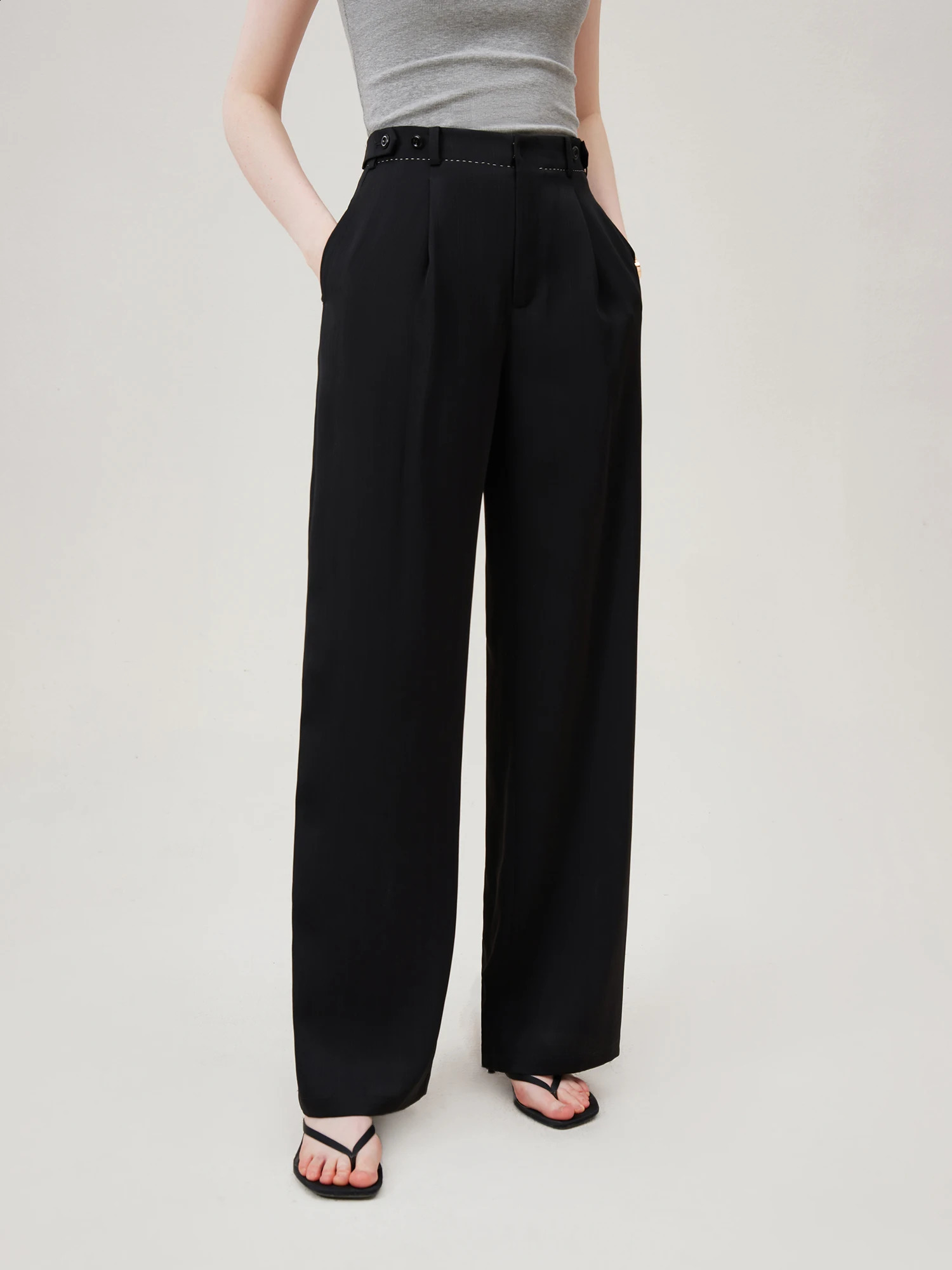 FSLE Women Black Long Trousers Waist Button Decoration Office Lady Summer Straight Suit Pants Pleated Pant 24FS18059 240723