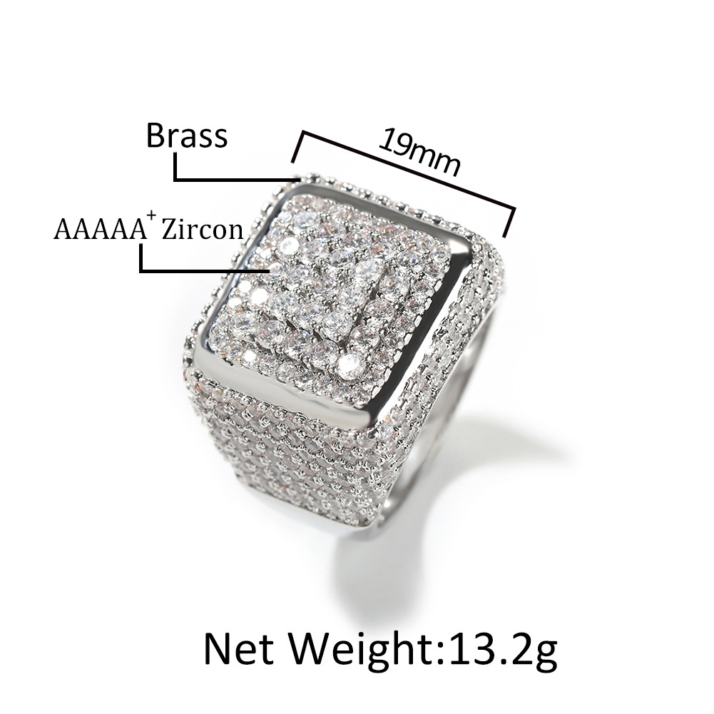 Hip Hop Retro Big Cube Ring 5A Cubic Zircon 18K Gold Plated Finger Ring Jewelry