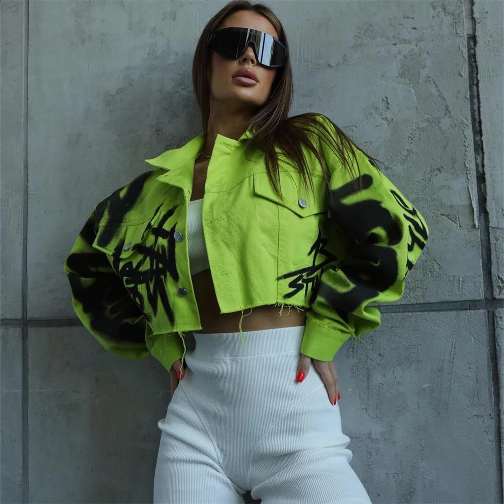Orange Cropped Jeans Jacket for Women Short Denim Jacket Graffi Streetwear Rough Selvedge Lapel Tops Outerwear Summer 240723