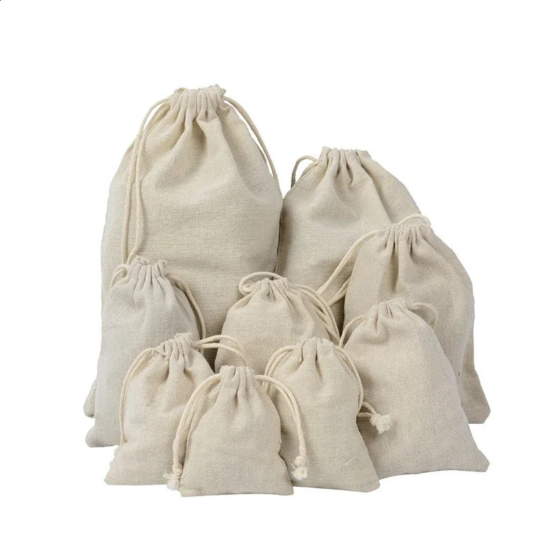 Beige cotton linen drawstring bag multi size coin money card holder gift jewelry cosmetics travel washing storage 240724Zl
