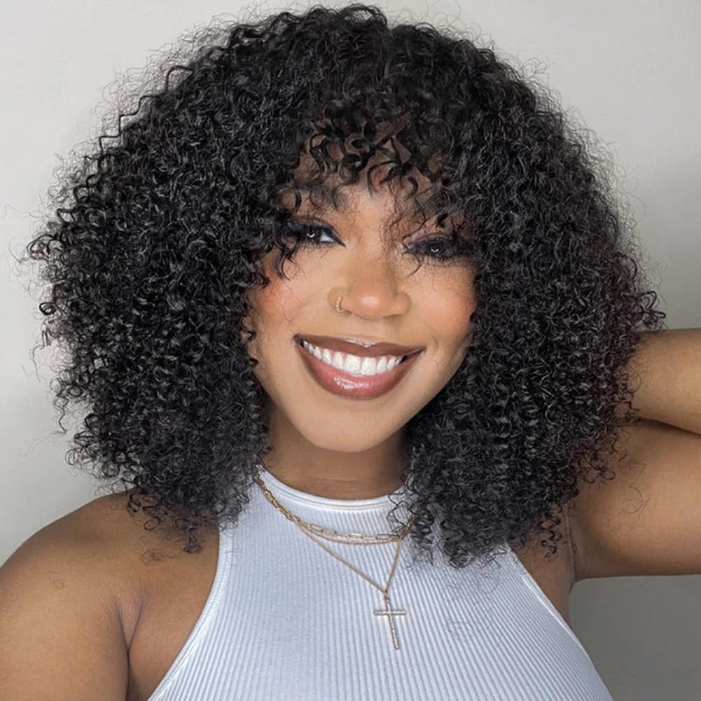 Afro Kinky With Bangs Full Hine Made Wig 150 Density Virgin Brazilian Short Curly Human Hair Wigs Natural Color