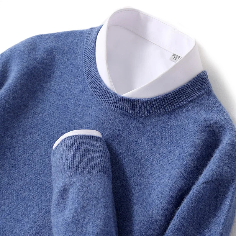 Mens solid color classic O-neck sweater autumn and winter 100% Merino wool knitted pullover long sleeve warm loose top 240821