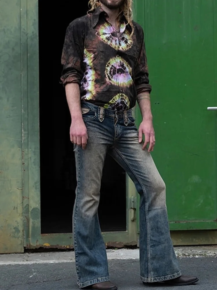 Punk Stlye Men Flared Baggy Jeans Bootcut Leg Distressed Patchwork Denim Pants Bell Bottom Trousers Fall Winter 240725