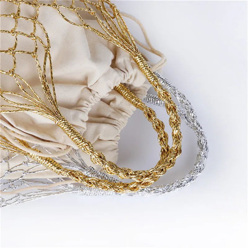 Gold silver 2 color bright paper ropes hollow woven handbag cotton lining straw bag female Reticulate handbag netted beach bag 240724