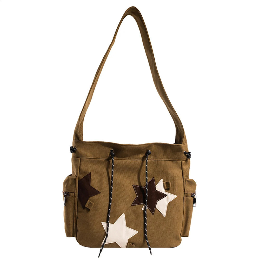 Women Cute Messenger Bag Large Capacity Canvas Lovely Shoulder Star Applique Y2K Street Style School for Teens Students 240724