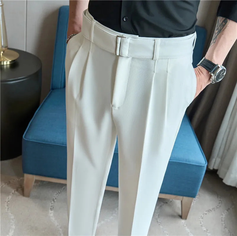 British style autumn belt decoration n set mens Naples high waist casual slim suitable for social folds Trouser 240828