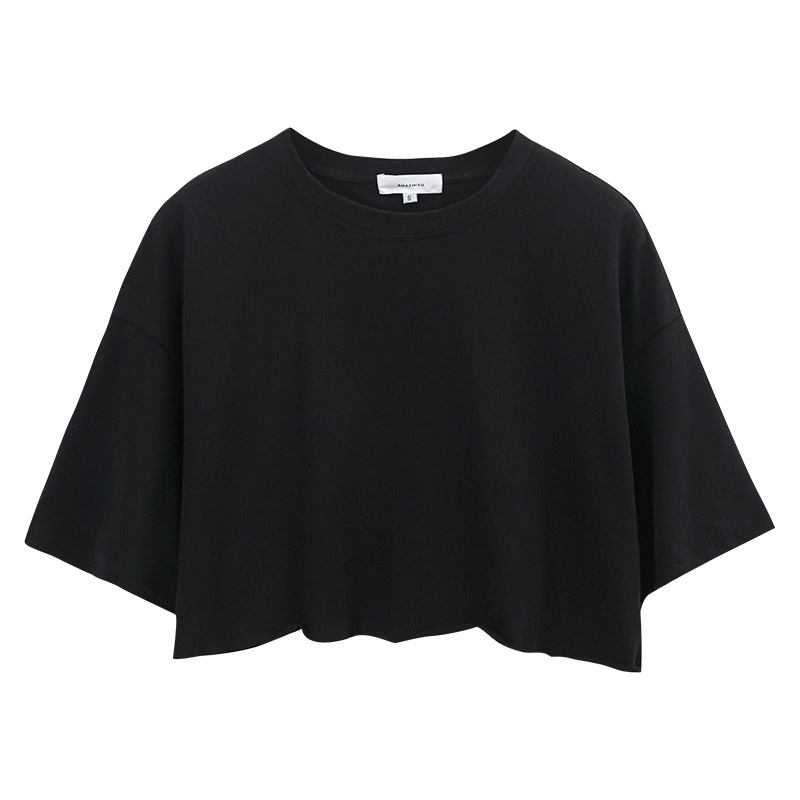Short Sleeve T-Shirt Women's Summer New Cotton Solid Color Short Exposed Neck Round Neck Sports Style T-Shirt Tops