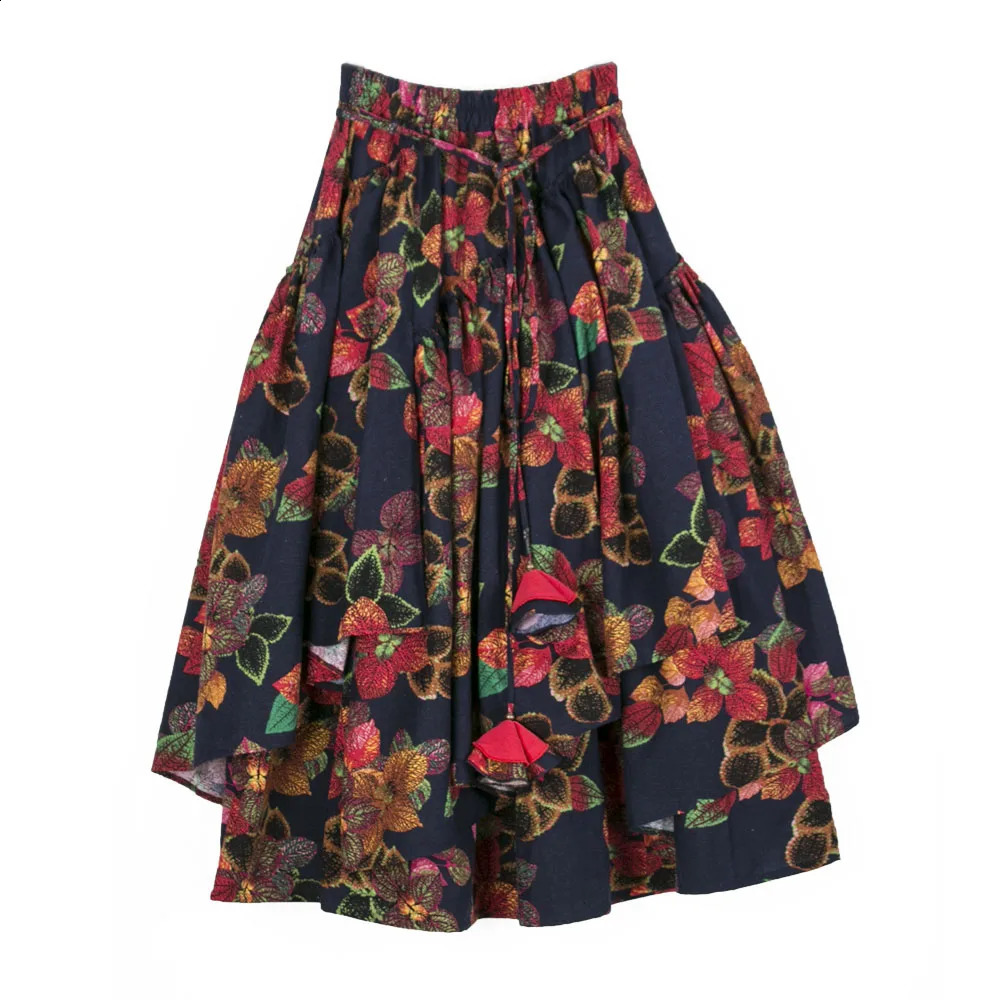 TIYIHAILEY-Womens Long Maxi Skirt Elastic Waist Cotton Linen Flower Print Irregular Autumn Fashion S-2XL 240724