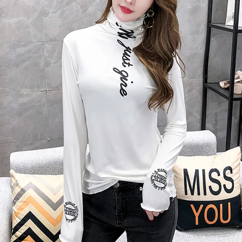 Womens simple casual thick letter printed T-shirt womens fashionable ultra-thin high neck long sleeved bottom wild casual T-shirt 240826