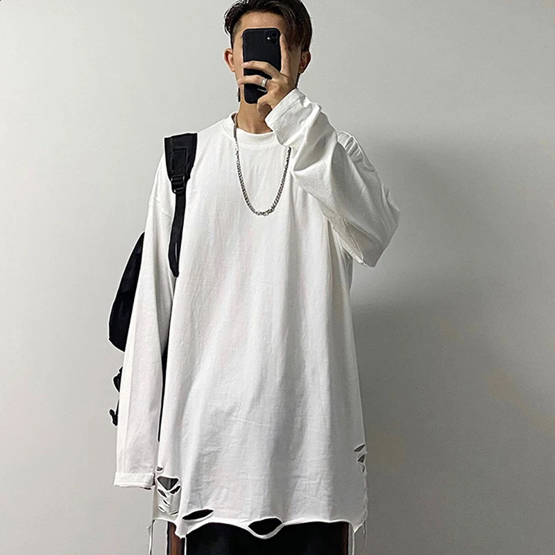 Hem Ripped Hole Long Sleeve Men Tshirt White Black Fashion Autumn Clothes Hip Hop 2xl 3xl Oversized Punk Vintage Streetwear Tops 240812