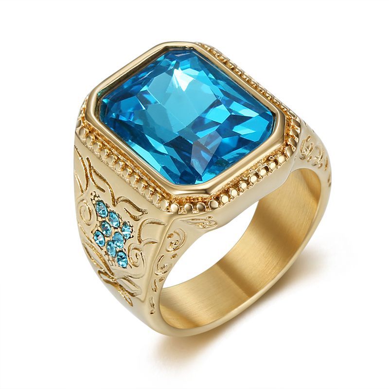 Hip Hop Casting Ring Ice Blue Rhinestone Titanium Steel Gold Plated Mens Jewelry