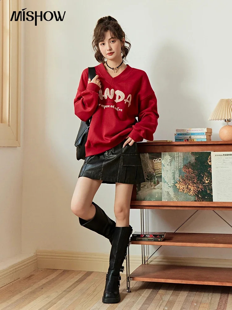 MISHOW Womens Letter Printed Vneck Oversized Sports Shirt Autumn Winter Fashion Casual Loose Soft Office Top MXC47V0024 240827
