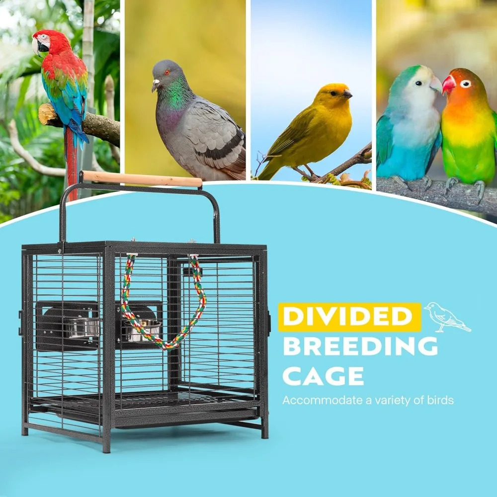 19 Inch Wrought Iron Bird Travel Cage for Parrots Conures Lovebird Cockatiel Parakeets Black 240724
