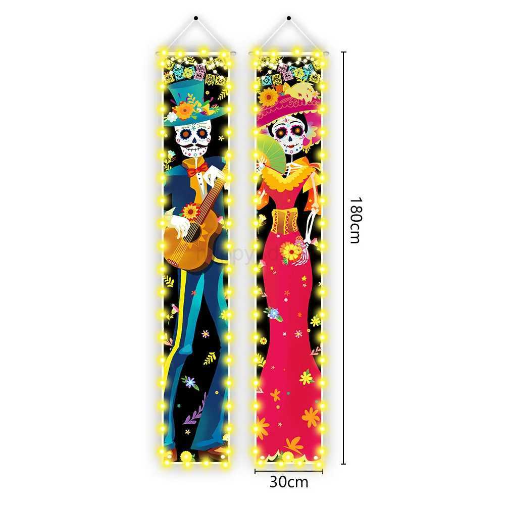 Halloween Lighted Porch Signs Banners Decorations Indoor Dia De Los Muertos Day of The Dead Outdoor Wall Door Couplet Decor 2PCSCL240725