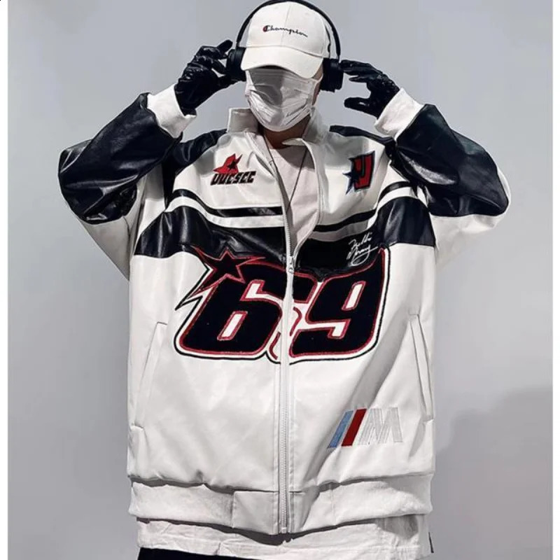 Bombe PU Jacket Men Flocking Embroidery Leather Y2k Vintage Varsity Jackets Racing Oversize Patchwork Baseball Jackets Unisex 240723