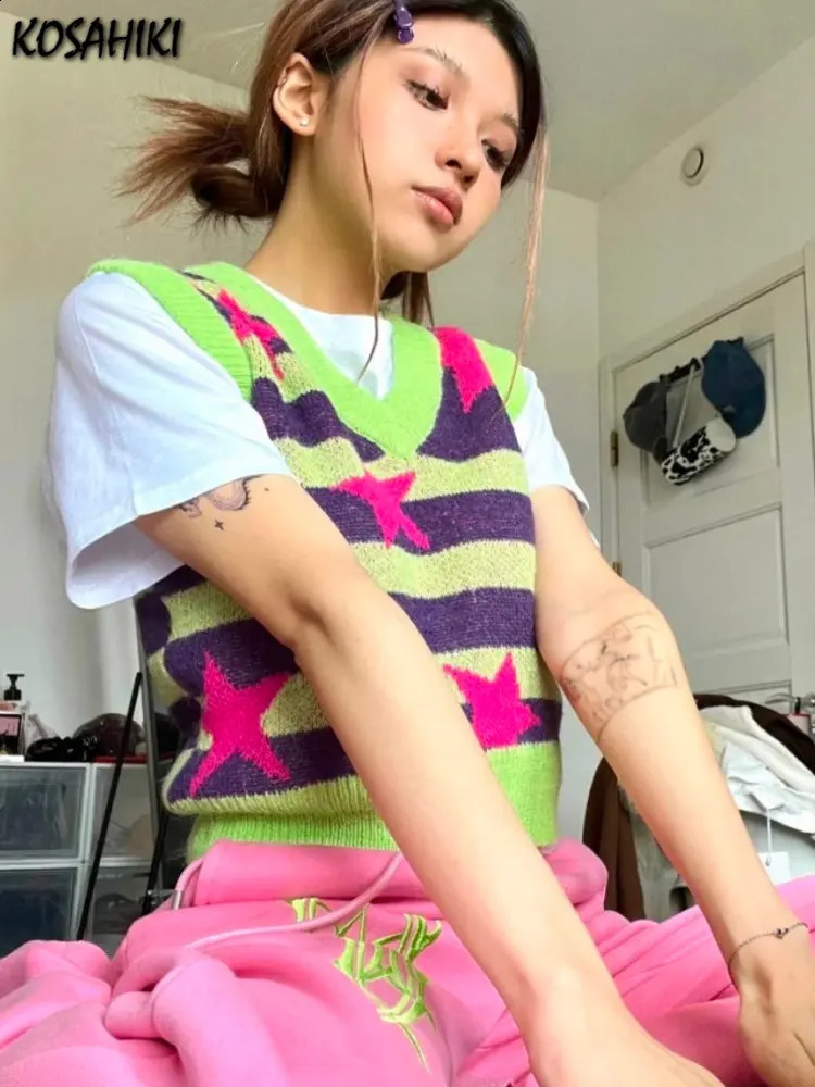 KOSAHIKI Y2k Aesthetics Knitted Vest Women Harajuku Grunge Striped Star Sweater Korean E-girl Kawaii V-neck Jumper Fairycore Top 240725