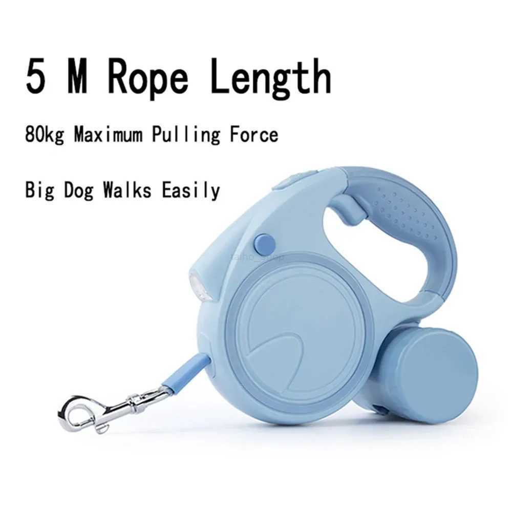 Dog Leash with Led Lights and Garbage Bag Retractable Nylon 5M Traction Rope Belt Durable Walk Run Automatic Extension Dog LeadL240725